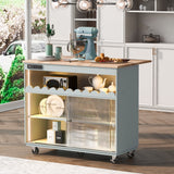 Kitchen Island with Drop Leaf, Led Light Kitchen Cart On Wheels with Power Outlets, 2 Sliding Fluted Glass Doors, Large Kitchen Island Cart with 2 Cabinet and 1 Open Shelf (Grey Blue)