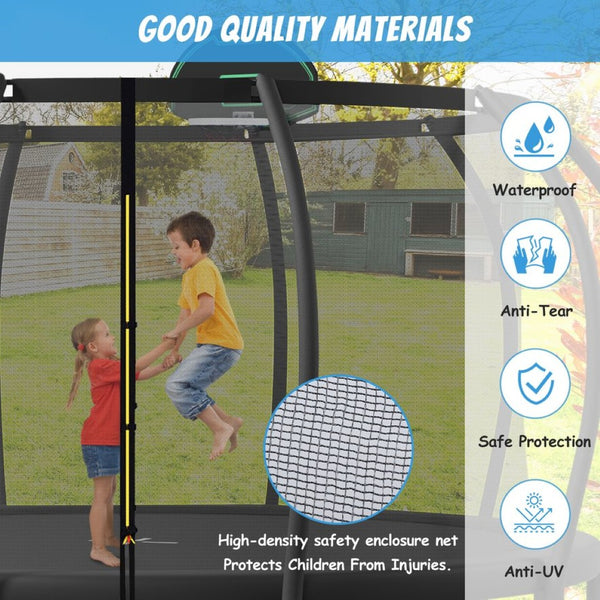 English Elm 14ft Outdoor Trampoline with Arcpole Safety Enclosure Basketball Hoop and Ground Stakes SC000014AAB