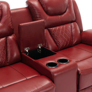 English Elm Home Theater Manual Reclining Loveseat Faux Leather with Led Lighting and Storage Console Wine Red WF310726AAJ
