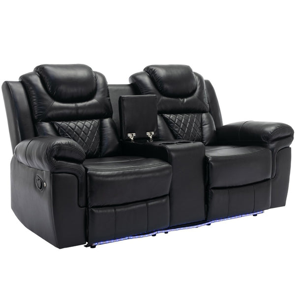 English Elm 3 Piece Faux Leather Manual Recliner Set with Led Base Lighting and Console Black SG001130AAB