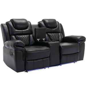 English Elm Home Theater Manual Reclining Loveseat Faux Leather with Led Lighting and Storage Console Black WF310726AAB