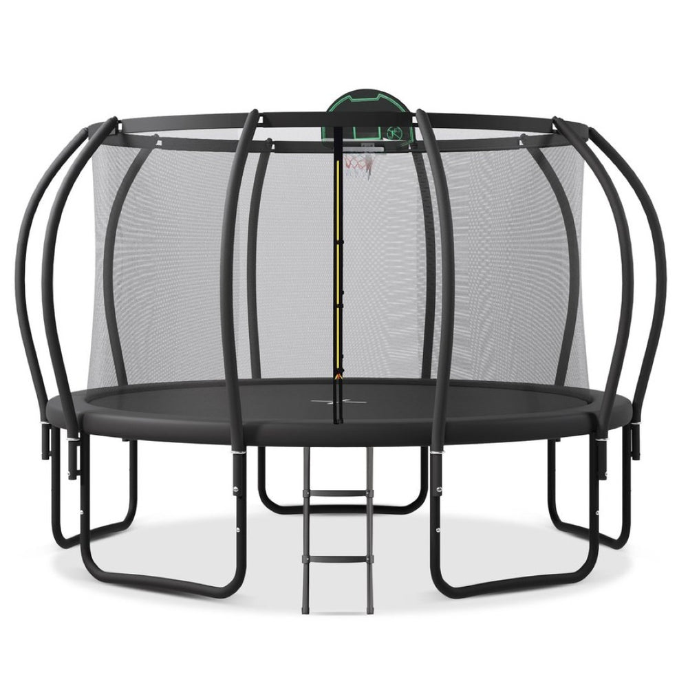 English Elm 14ft Outdoor Trampoline with Arcpole Safety Enclosure Basketball Hoop and Ground Stakes SC000014AAB