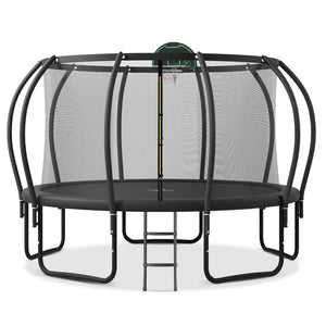 English Elm 14ft Outdoor Trampoline with Arcpole Safety Enclosure Basketball Hoop and Ground Stakes SC000014AAB