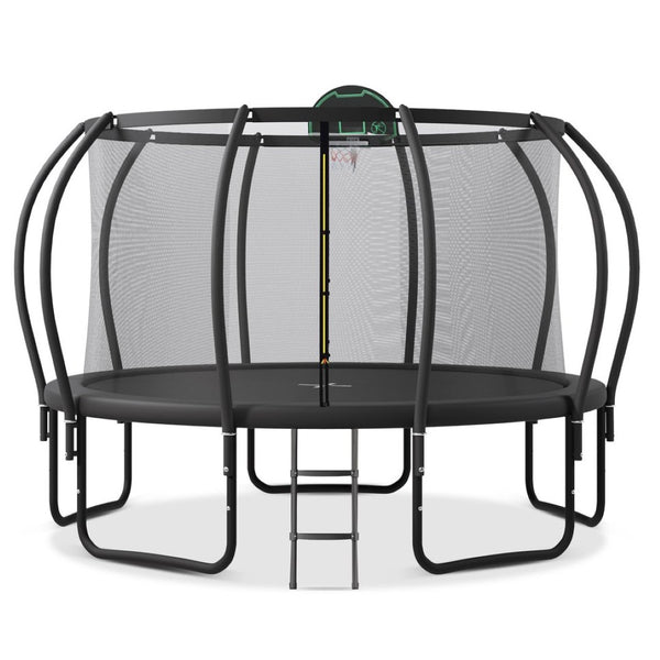 English Elm 14ft Outdoor Trampoline with Arcpole Safety Enclosure Basketball Hoop and Ground Stakes SC000014AAB