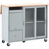 English Elm Kitchen Island With Drop Leaf, Led Light Kitchen Cart On Wheels With 2 Fluted Glass Doors and 1 Flip Cabinet Door, Large Kitchen Island Cart With An Adjustable Shelf and 2 Drawers (Grey Blue)