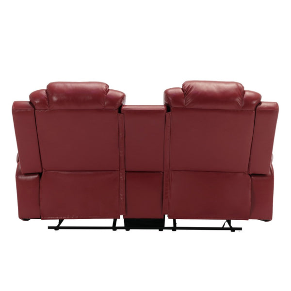 English Elm Home Theater Manual Reclining Loveseat Faux Leather with Led Lighting and Storage Console Wine Red WF310726AAJ