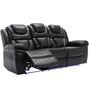 English Elm Home Theater Manual Recliner with Led Strip Console Usb Charging Faux Leather Seat Black WF310727AAB