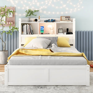 English Elm Full Full Size Storage Platform Bed with Trundle, 4-Tier Headboard Shelves and Dual Drawers, Solid Wood White GX000356AAK
