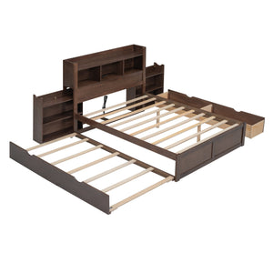 English Elm Full Full Size Storage Platform Bed with Trundle, 4-Tier Headboard Shelves and Dual Drawers, Solid Wood Espresso GX000356AAP