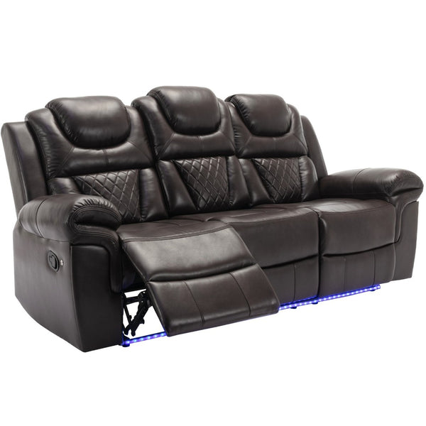 English Elm Home Theater Manual Recliner with Led Strip Console Usb Charging Faux Leather Seat Brown WF310727AAD