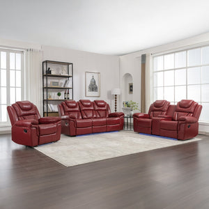 English Elm 3 Piece Faux Leather Manual Recliner Set with Led Base Lighting and Console Wine Red SG001130AAJ
