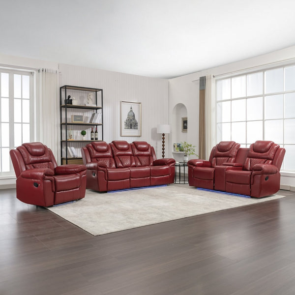 English Elm 3 Piece Faux Leather Manual Recliner Set with Led Base Lighting and Console Wine Red SG001130AAJ