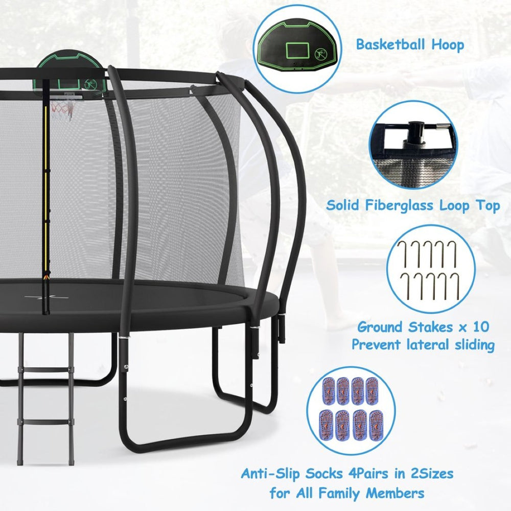 English Elm 14ft Outdoor Trampoline with Arcpole Safety Enclosure Basketball Hoop and Ground Stakes SC000014AAB