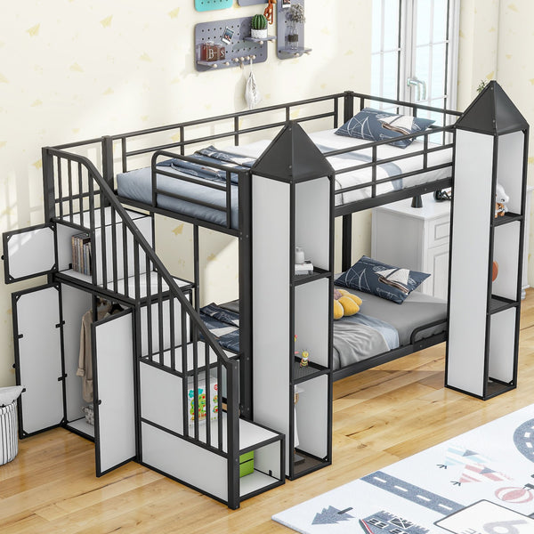 English Elm Metal Castle Twin over Twin Bunk Bed with Staircase Storage, Built-in Wardrobe and Sturdy Frame White+Black GX000630AAB