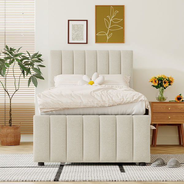 English Elm Twin Upholstered Platform Bed with Trundle & 3 Drawers, Linen Upholstery, Sturdy Wood Frame, Space-Saving Design Beige SF000049AAA