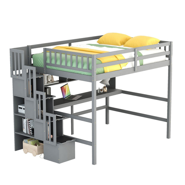 English Elm Full Size Loft Bed With Integrated Desk, Storage Staircase & Modern Grey Finish For Space-Saving W504S00109