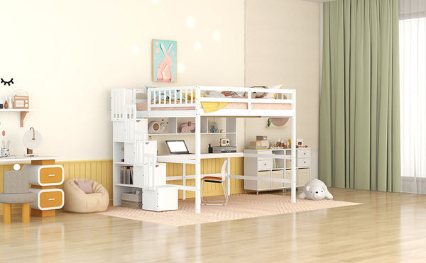 English Elm Full Size Loft Bed With Integrated Desk, Bookshelves & Storage Staircase - Space-Saving Design! W504S00110