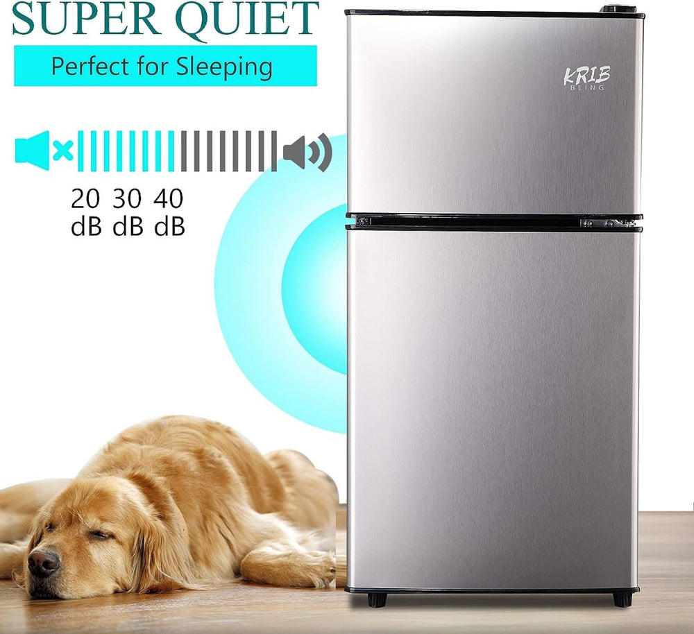 English Elm 3.5cu.ft Two Door Compact Mini Fridge with Top Freezer Tempered Glass Shelves Dorm Bar Silver W1002137470