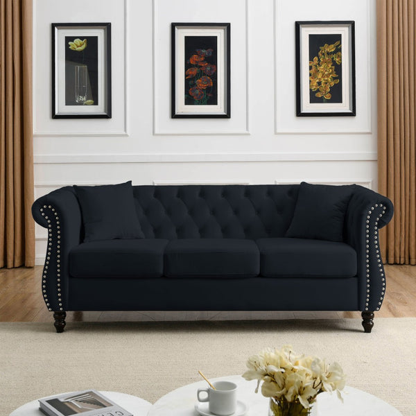 English Elm Luxurious 80" Chesterfield Sofa In Black Velvet – Elegant 3-Seater Tufted Couch With Pillows W834S00516-GIGA