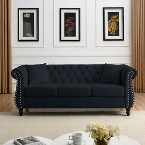 English Elm Elegant 80" Chesterfield Sofa In Plush Black Velvet - 3-Seater Tufted Couch For Any Space W834S00515-GIGA