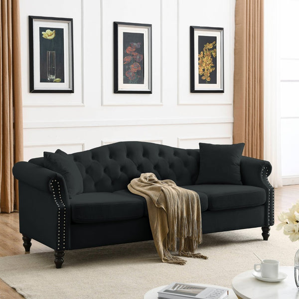 English Elm Luxurious 79" Chesterfield Sofa In Black Velvet - Stylish 3-Seater Tufted Couch With Pillows W834S00109-GIGA