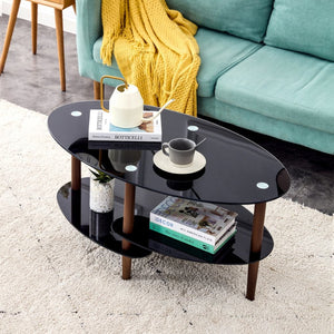 English Elm Black Oval Tempered Glass Coffee Table with Oak Legs Three Tier Living Room W241137476
