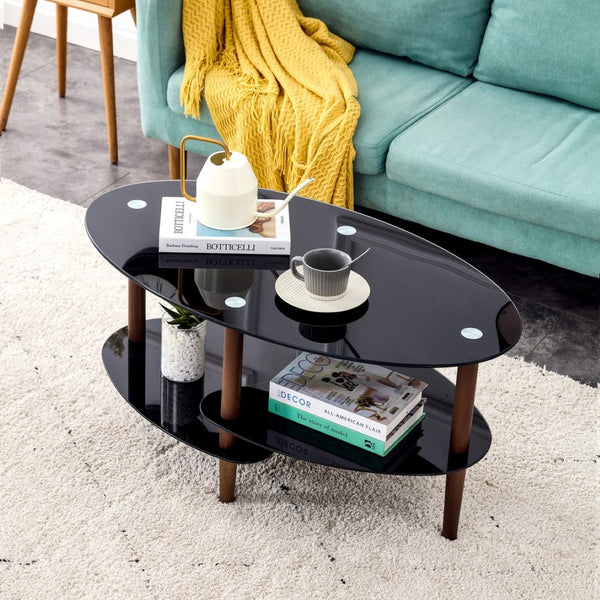 English Elm Black Oval Tempered Glass Coffee Table with Oak Legs Three Tier Living Room W241137476