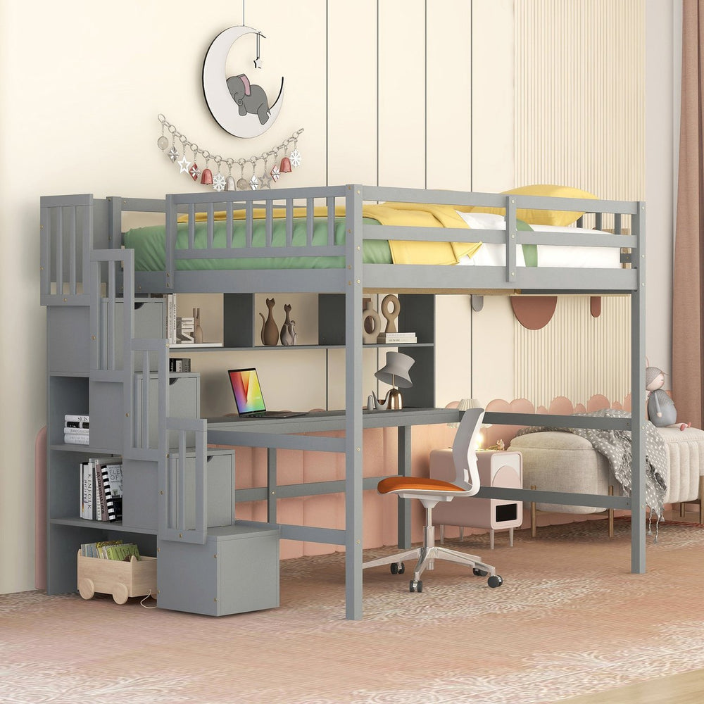 English Elm Full Size Loft Bed With Integrated Desk, Storage Staircase & Modern Grey Finish For Space-Saving W504S00109
