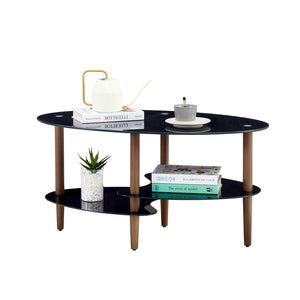 English Elm Black Oval Tempered Glass Coffee Table with Oak Legs Three Tier Living Room W241137476
