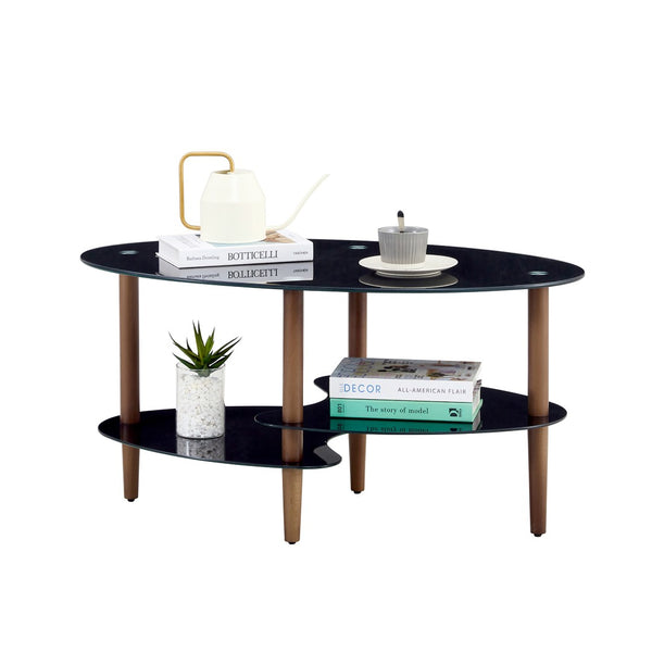 English Elm Black Oval Tempered Glass Coffee Table with Oak Legs Three Tier Living Room W241137476