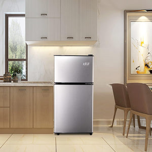 English Elm 3.5cu.ft Two Door Compact Mini Fridge with Top Freezer Tempered Glass Shelves Dorm Bar Silver W1002137470