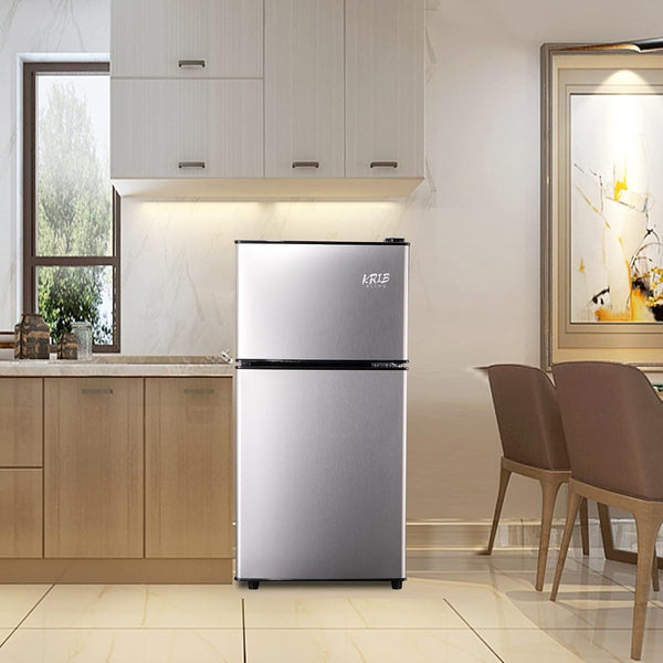 English Elm 3.5cu.ft Two Door Compact Mini Fridge with Top Freezer Tempered Glass Shelves Dorm Bar Silver W1002137470