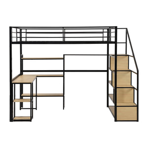 English Elm Full Full Size Metal Loft Bed with Staircase, Built-In Desk & Shelves, Space-Saving Black Steel Design GX001121AAB