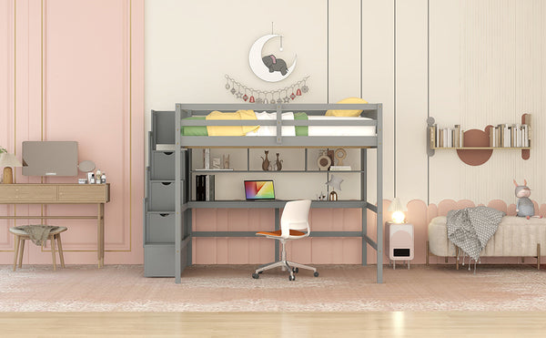 English Elm Full Size Loft Bed With Integrated Desk, Storage Staircase & Modern Grey Finish For Space-Saving W504S00109