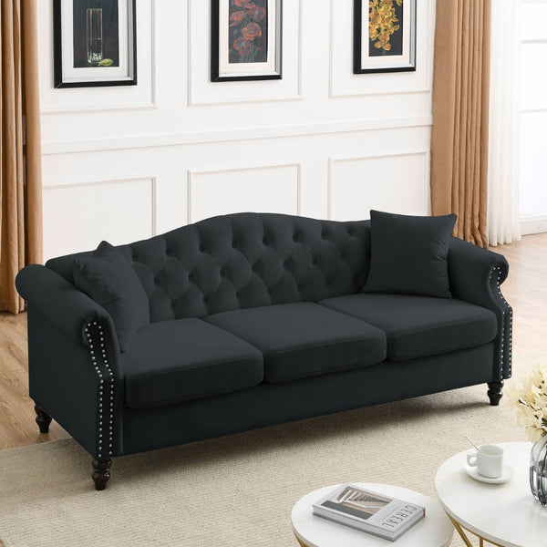 English Elm Luxurious 79" Chesterfield Sofa In Black Velvet - Tufted 3-Seater Couch With Pillows & Style W834S00156-GIGA