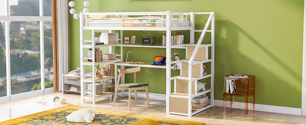 English Elm Twin Metal Loft Bed with Staircase, Built-In Desk & Shelves White — Space-Saving Study Station, Sturdy Metal Frame (Twin) GX001122AAK