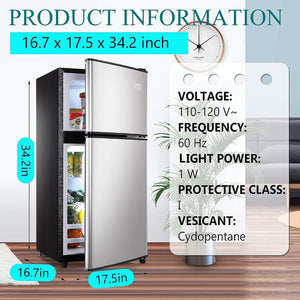 English Elm 3.5cu.ft Two Door Compact Mini Fridge with Top Freezer Tempered Glass Shelves Dorm Bar Silver W1002137470