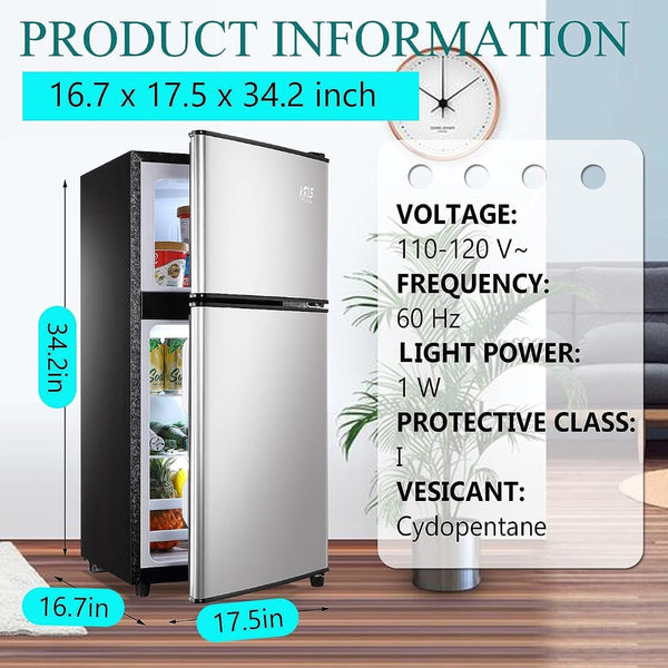 English Elm 3.5cu.ft Two Door Compact Mini Fridge with Top Freezer Tempered Glass Shelves Dorm Bar Silver W1002137470