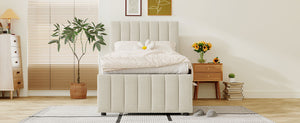 English Elm Twin Upholstered Platform Bed with Trundle & 3 Drawers, Linen Upholstery, Sturdy Wood Frame, Space-Saving Design Beige SF000049AAA