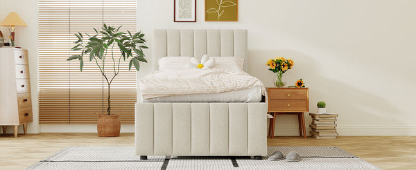 English Elm Twin Upholstered Platform Bed with Trundle & 3 Drawers, Linen Upholstery, Sturdy Wood Frame, Space-Saving Design Beige SF000049AAA