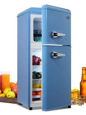 English Elm 3.5cu.ft Two Door Compact Mini Fridge with Top Freezer Tempered Glass Shelves Dorm Bar W1002137474
