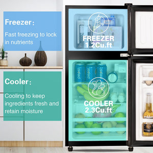 English Elm 3.5cu.ft Two Door Compact Mini Fridge with Top Freezer Tempered Glass Shelves Dorm Bar Black W1002137472