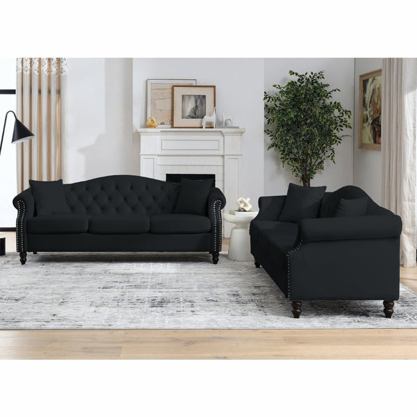 English Elm Luxurious 79" Chesterfield Sofa In Black Velvet - Elegant 3-Seater Tufted Couch For Any Space W834S00155-GIGA