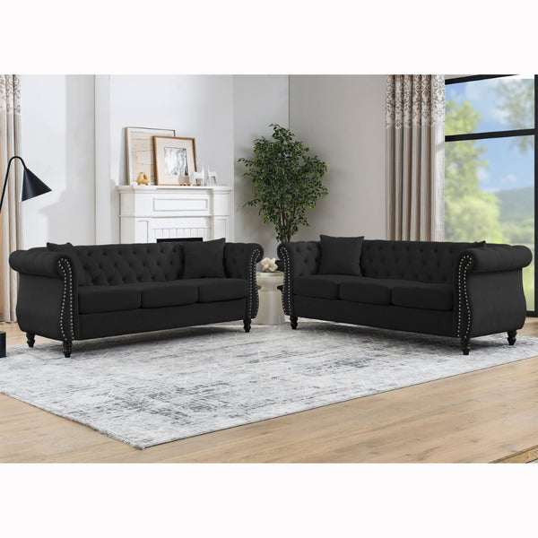 English Elm Elegant 80" Chesterfield Sofa In Plush Black Velvet - 3-Seater Tufted Couch For Any Space W834S00515-GIGA