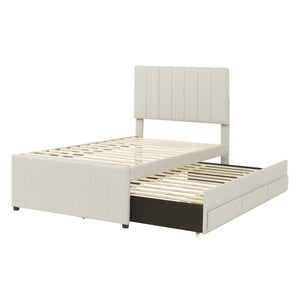 English Elm Twin Upholstered Platform Bed with Trundle & 3 Drawers, Linen Upholstery, Sturdy Wood Frame, Space-Saving Design Beige SF000049AAA
