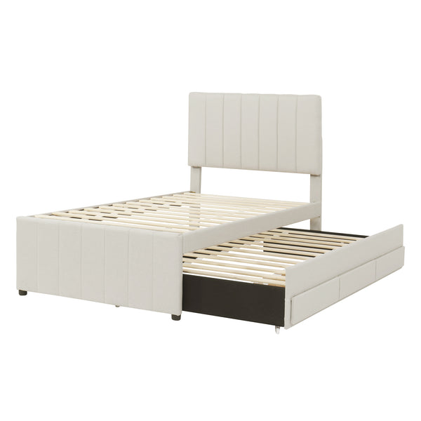 English Elm Twin Upholstered Platform Bed with Trundle & 3 Drawers, Linen Upholstery, Sturdy Wood Frame, Space-Saving Design Beige SF000049AAA