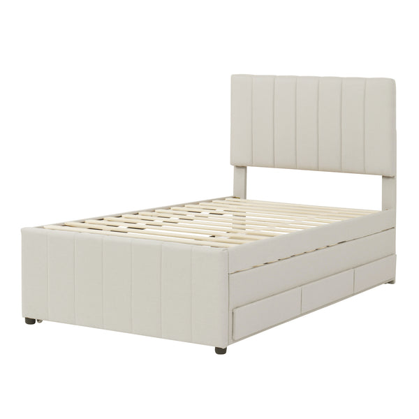 English Elm Twin Upholstered Platform Bed with Trundle & 3 Drawers, Linen Upholstery, Sturdy Wood Frame, Space-Saving Design Beige SF000049AAA