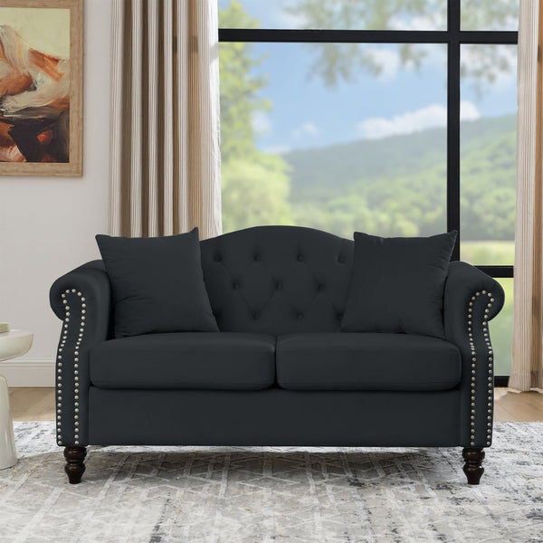 English Elm Luxurious 79" Chesterfield Sofa In Black Velvet - Tufted 3-Seater Couch With Pillows & Style W834S00156-GIGA