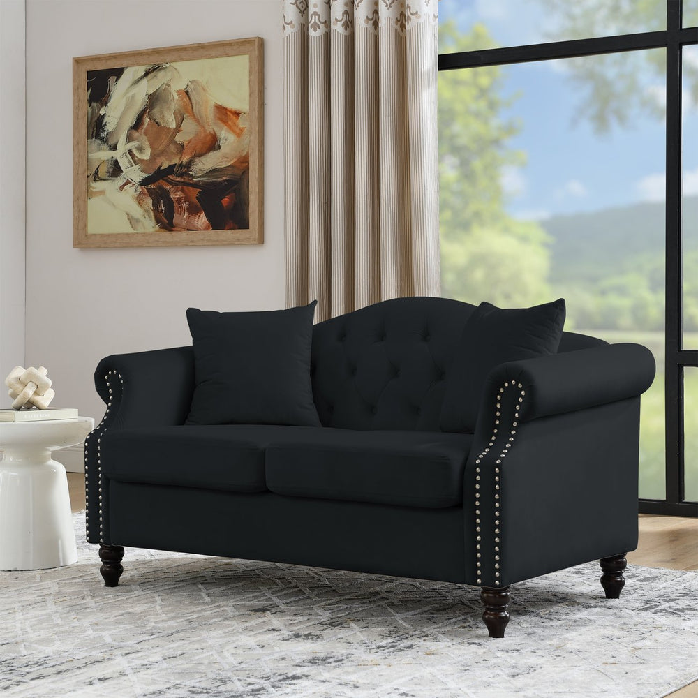 English Elm 57" Chesterfield Sofa Velvet 2-Seater Tufted Design with Rolled Arms, Nailhead Trim, Solid Wood Legs Black W834S00108