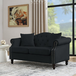 English Elm Luxurious 79" Chesterfield Sofa In Black Velvet - Tufted 3-Seater Couch With Pillows & Style W834S00156-GIGA